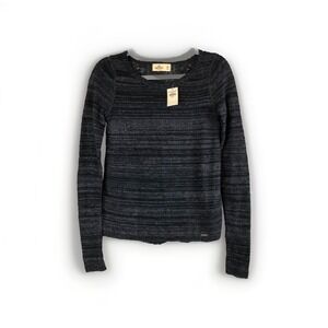 Hollister Womens Sweater Top XS Dark Navy Blue Full Crochet Back Light Sparkles